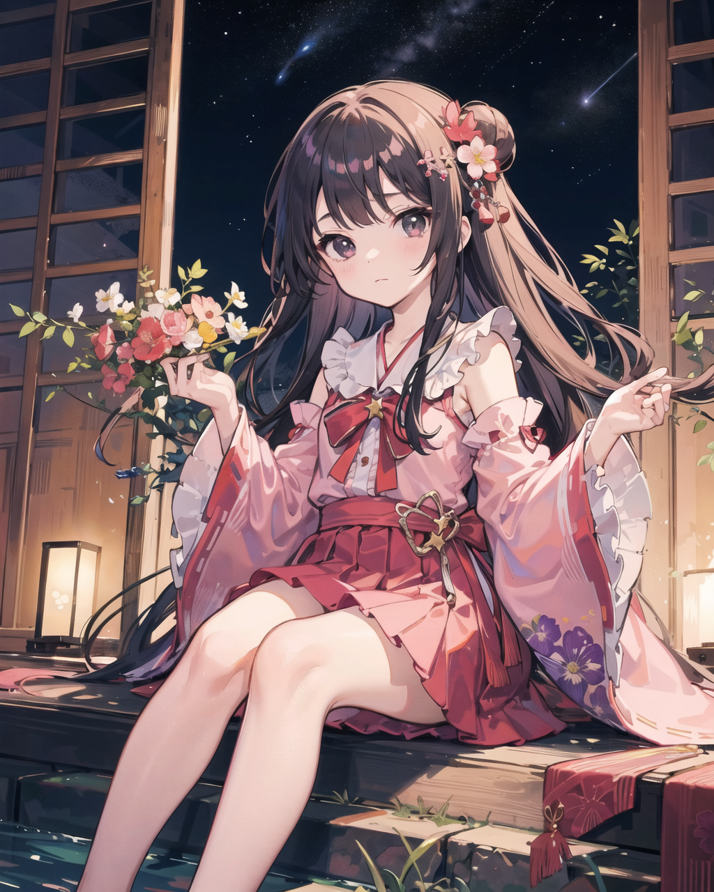 00354-1669479074-houraisan kaguya, 1girl, solo, red skirt, pink shirt, long sleeves, hair ornament, hair flower, wide sleeves, flower, black eyes.png